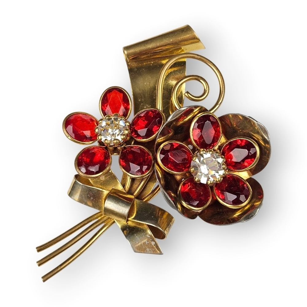 Vintage Flower Bouquet Brooch Red Rhinestone Gold Plated Floral Spray 3 7/8"